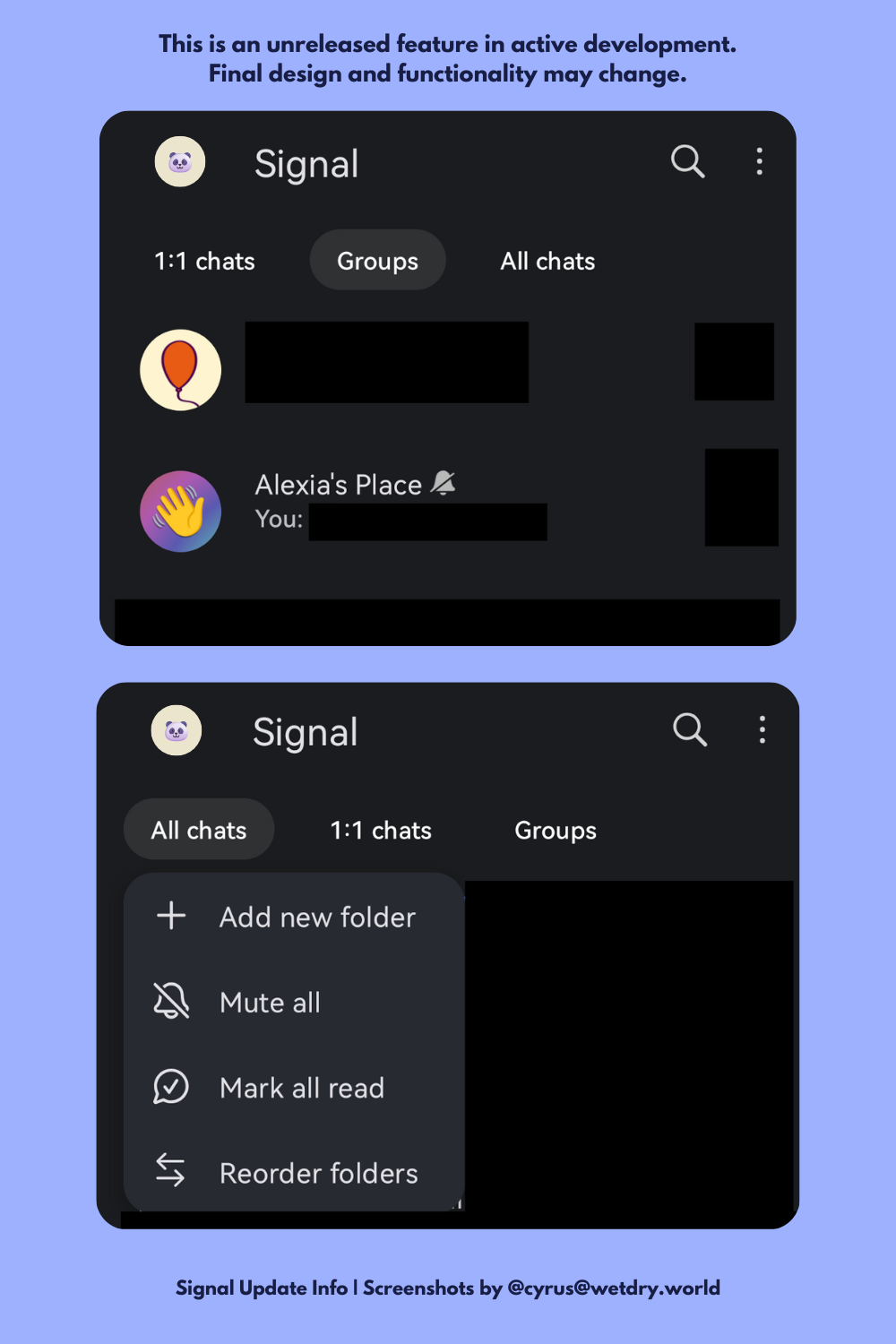 Two screenshots showing the new chat folder feature in Signal. The first screenshot shows three folders at the top of the conversation list. The second screenshot shows the menu that appear when long-pressing on a chat folder. The menu includes options to customize the folder.